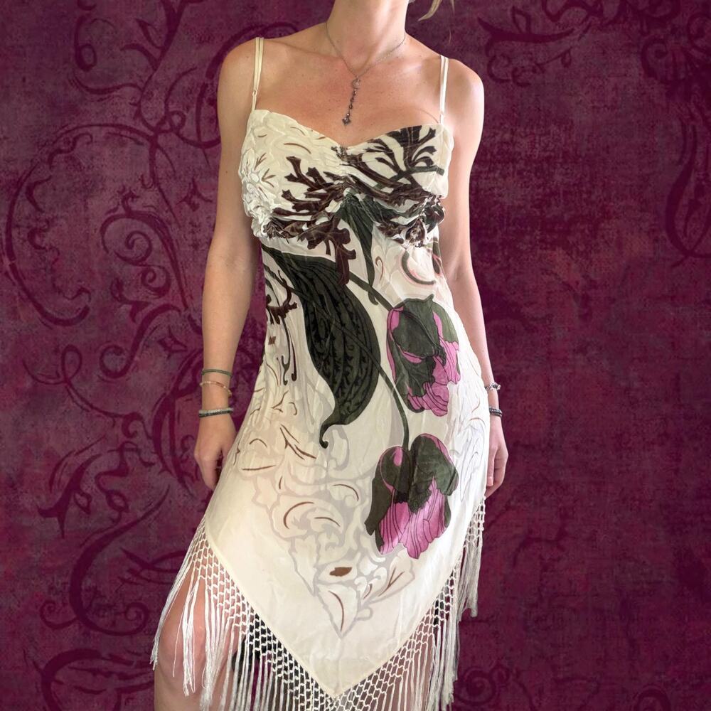Silk Fringe Scarf Dress | Art Nouveau Botanical Fairy Dress |  Handkerchief Hem